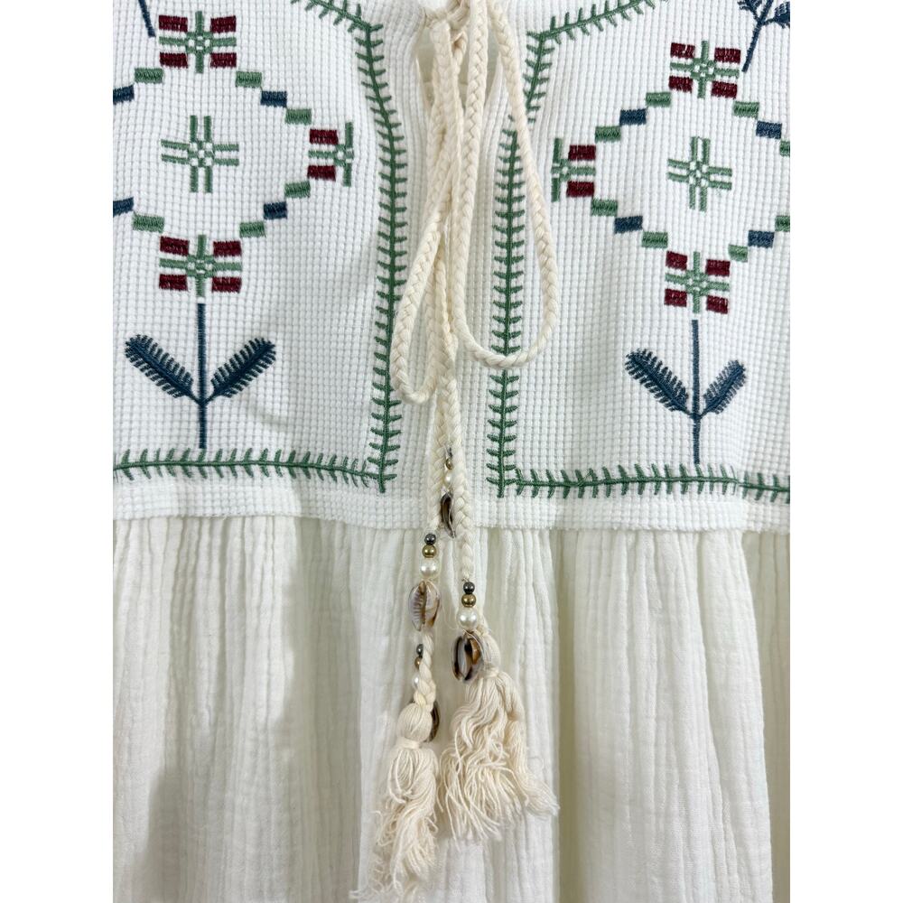 POL Ivory Embroidered Mini Dress Size L Boho Tassel Tie Balloon Sleeve - Picture 10 of 13